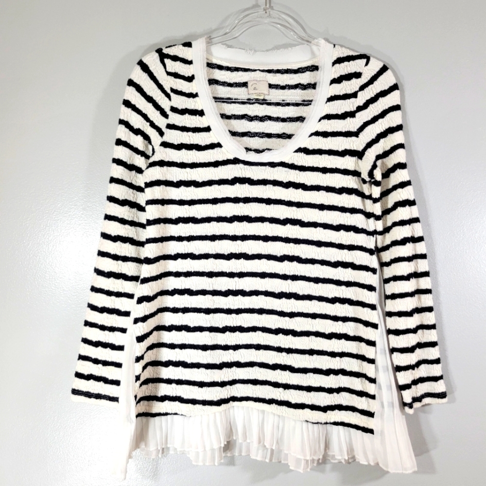 Anthropologie POSTMARK striped pleated trim long sleeve gauzy stretch blouse